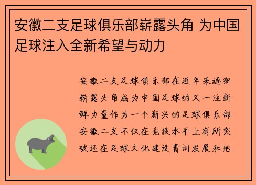 安徽二支足球俱乐部崭露头角 为中国足球注入全新希望与动力