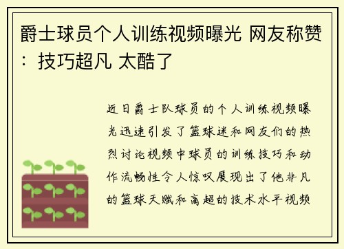 爵士球员个人训练视频曝光 网友称赞：技巧超凡 太酷了