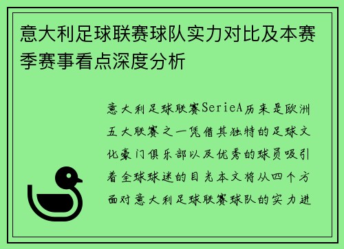 意大利足球联赛球队实力对比及本赛季赛事看点深度分析