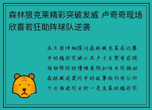 森林狼克莱精彩突破发威 卢奇奇现场欣喜若狂助阵球队逆袭