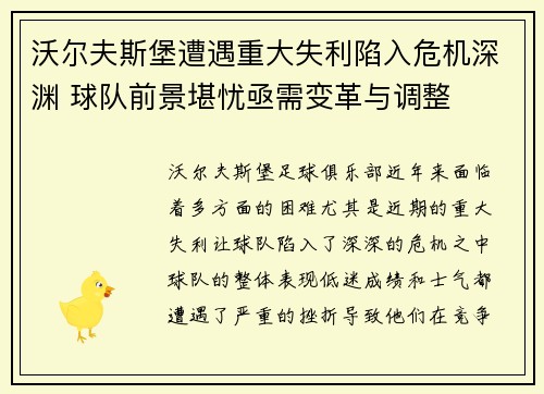 沃尔夫斯堡遭遇重大失利陷入危机深渊 球队前景堪忧亟需变革与调整